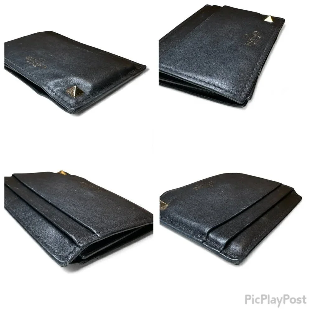 Valentino Garavani Black Rockstud Leather Card Holder Wallet w Extra Studs *USED